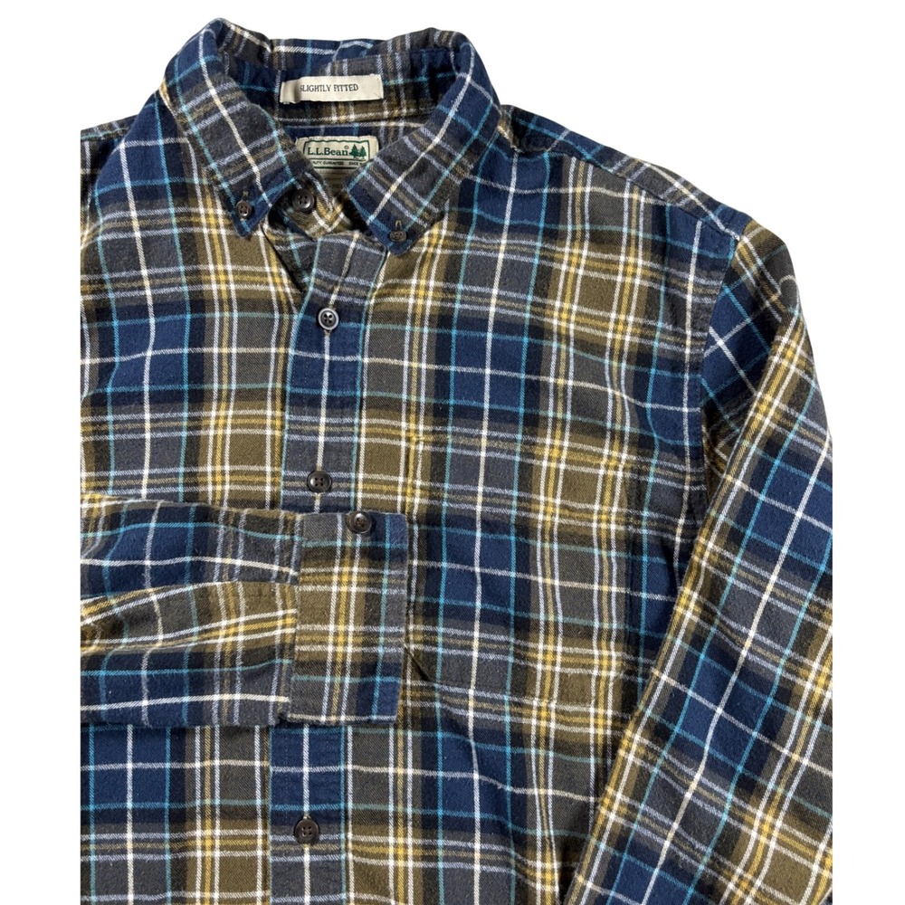 LL Bean Mens Slightly Fitted Flannel Shirt Plaid Blue Green M-REG 298167